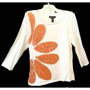 VTG Ideology Sequin Knit Top Floral Graphic Pullover Women Vintage XL Hong Kong